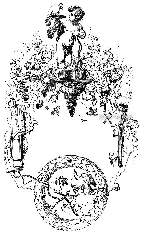 情人节框架设计与丘比特和鸽子- 19世纪